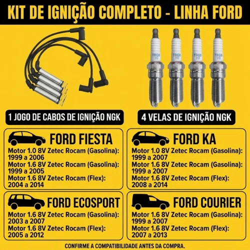 Jogo Cabos E Velas Fiesta 1.0 8v Zetec Rocam 1999 A 2012 Ngk Amarelo