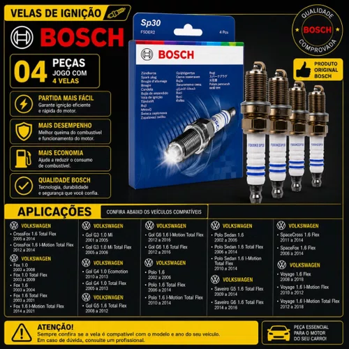 Jogo Velas Fox Gol Saveiro G4 G5 G6 1.0 1.6 8v Flex Bosch