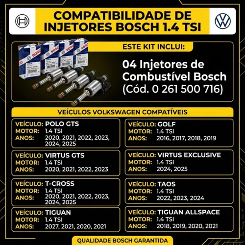 Kit Com 04 Bico Injetor Polo Golf Vírtus Taos 1.4 Tsi Bosch Padrão