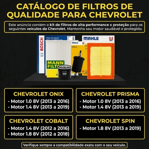 Kit De Filtros Chevrolet Cobalt Onix Prisma Spin 1.0 E 1.4