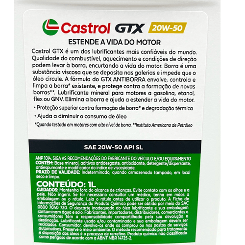 Óleo Para Motor Sae 20W50 Api SL Mineral Castrol GTX Antiborra