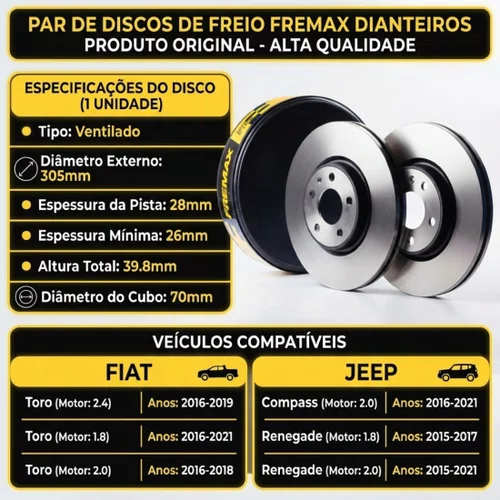 Par Disco De Freio Dianteiro Toro 1.8 2016 2017 2018 2019