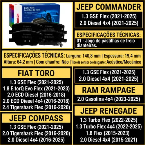 Pastilha Freio Dianteira Renegade Compass Commander Toro