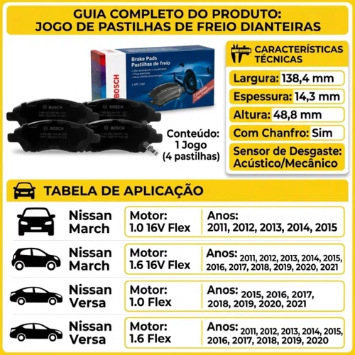 Pastilhas Freio Dianteiro March Versa 2011 A 2019 Bosch Jogo